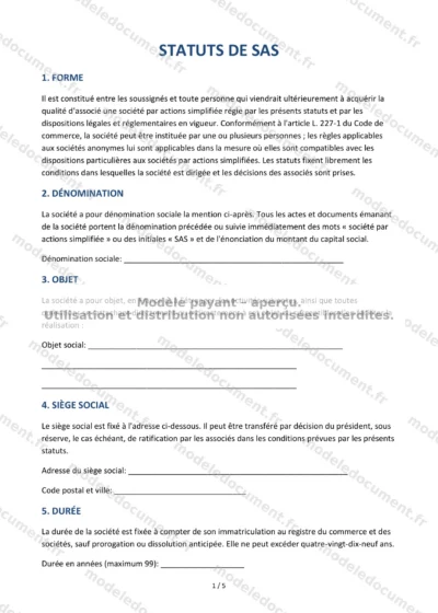 Statuts de SAS — modèle à télécharger, aperçu de la page 1 sur 5