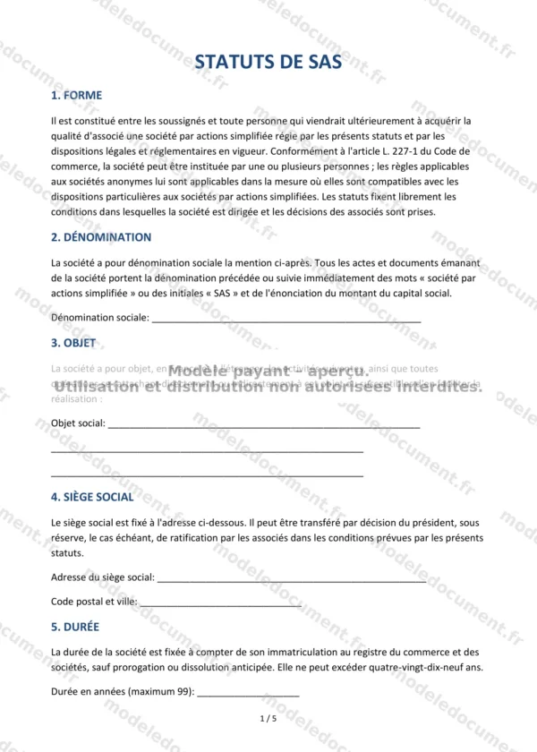 Statuts de SAS — Modèle Word & PDF