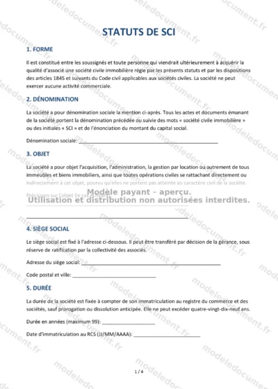 Statuts de SCI — modèle à télécharger, aperçu de la page 1 sur 4