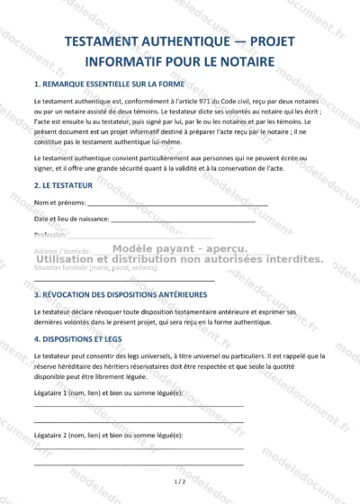 Testament authentique (projet) — modèle à télécharger, aperçu de la page 1 sur 2