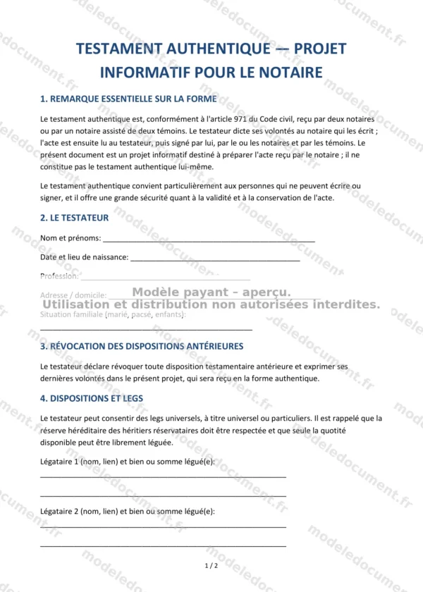 Testament authentique (projet) — Modèle Word & PDF