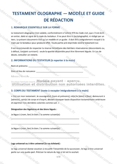 Testament olographe — modèle à télécharger, aperçu de la page 1 sur 2
