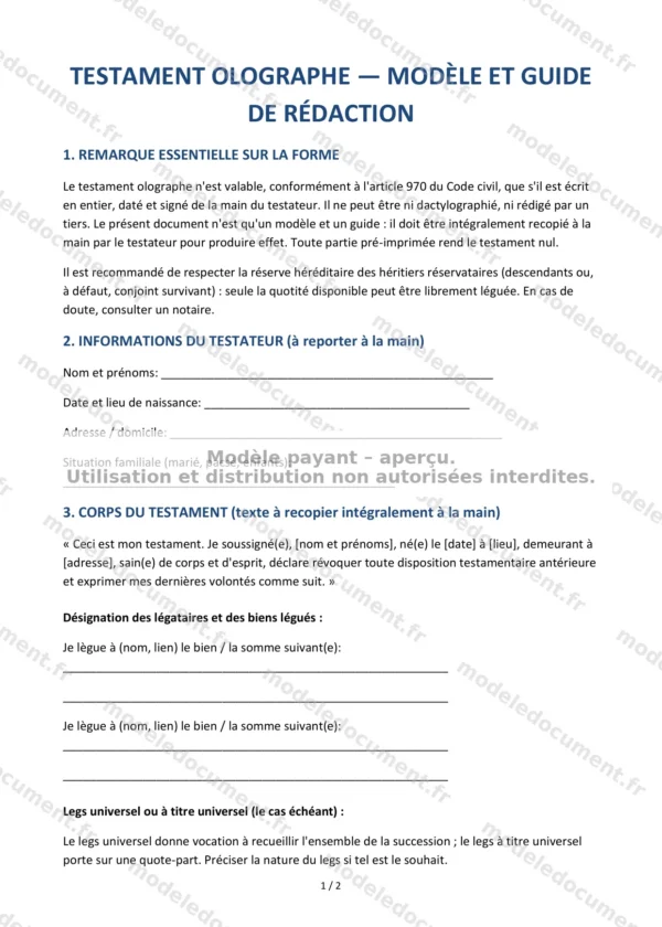 Testament olographe — Modèle Word & PDF